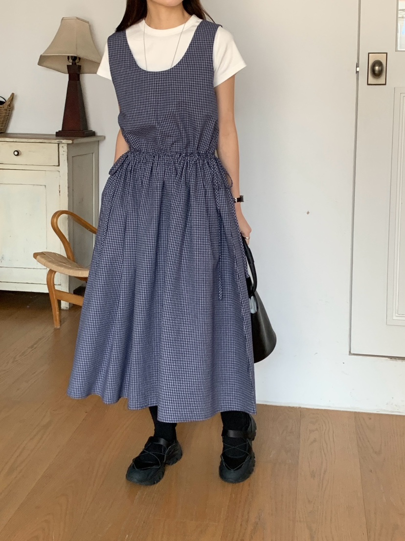 FRILL-T韓國直郵東大門代購女裝新品時尚職業連衣裙格紋長款FRILL-T連衣裙