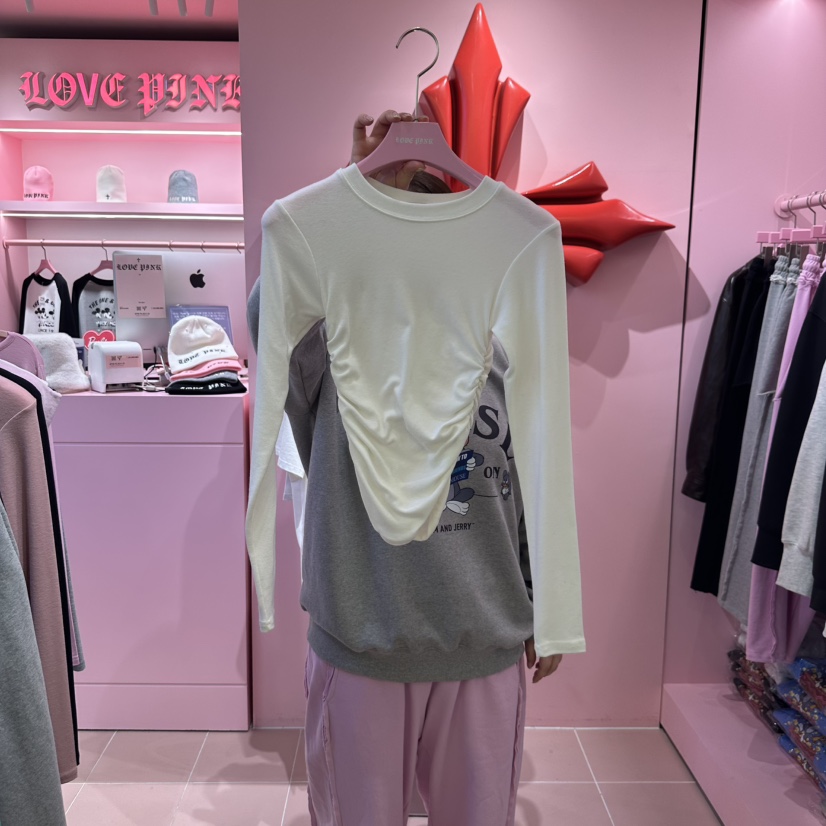 LOVE PINK韓國直郵女裝新款熱賣休閑真品時尚長袖T恤奶油色LOVE PINK長袖T恤圖色1