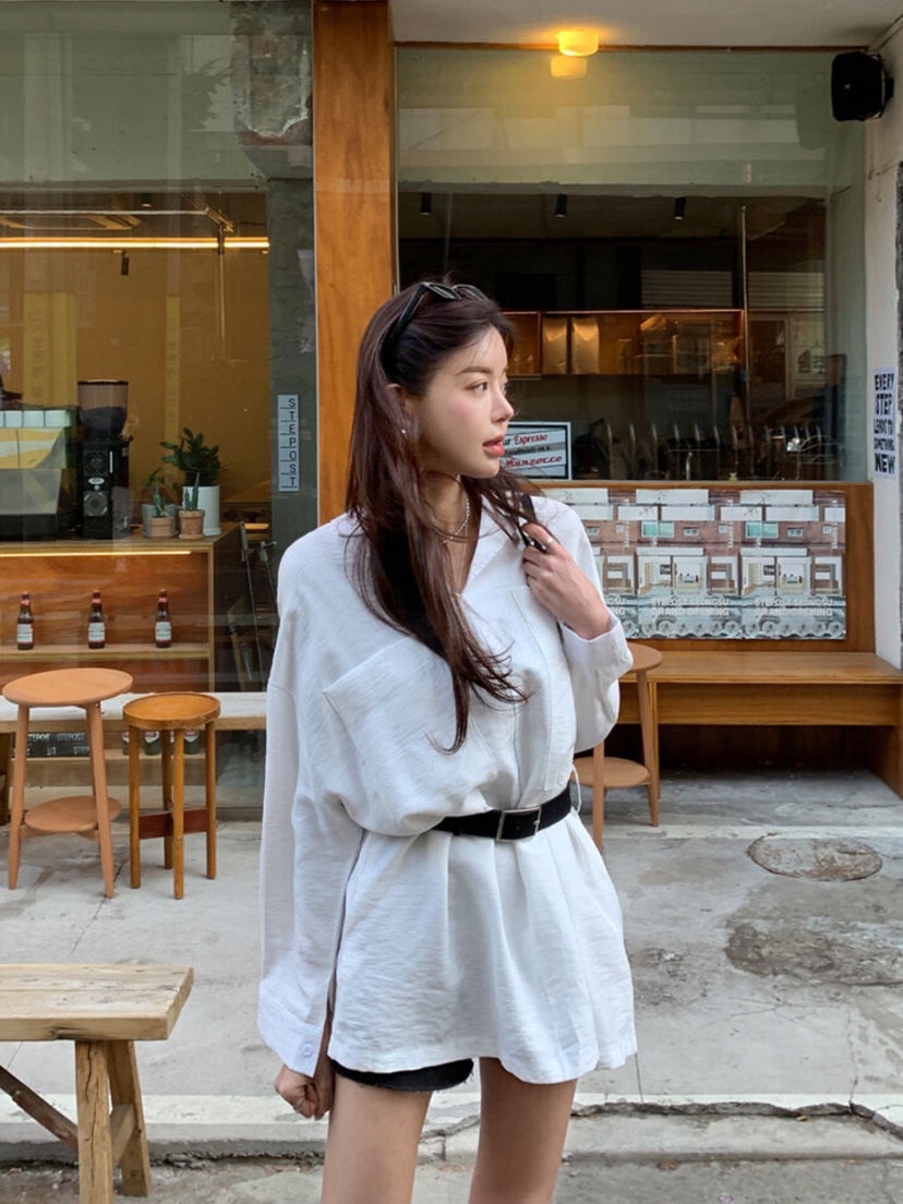 AVEC-OT韓國直郵東大門實拍女裝新品真品襯衫蕾絲衫含腰帶EIGHTGLOW襯衫/蕾絲衫