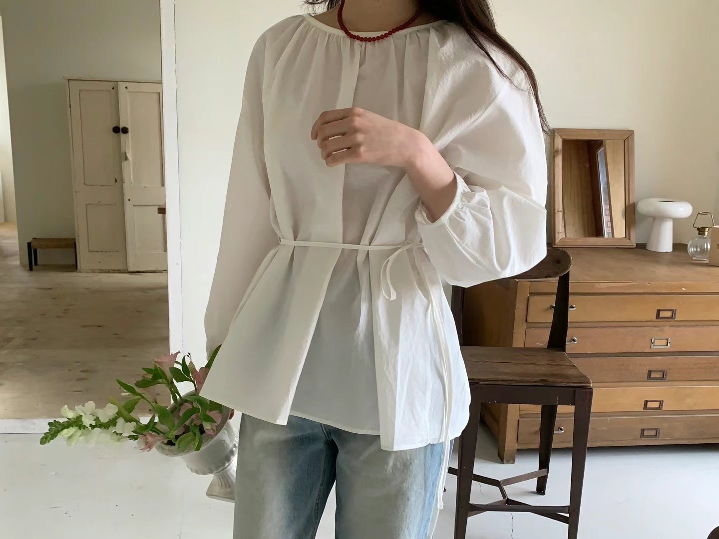 POMELO韓國直郵女裝新品真品熱賣時尚休閑推薦襯衫蕾絲衫褶皺POMELO襯衫/蕾絲衫