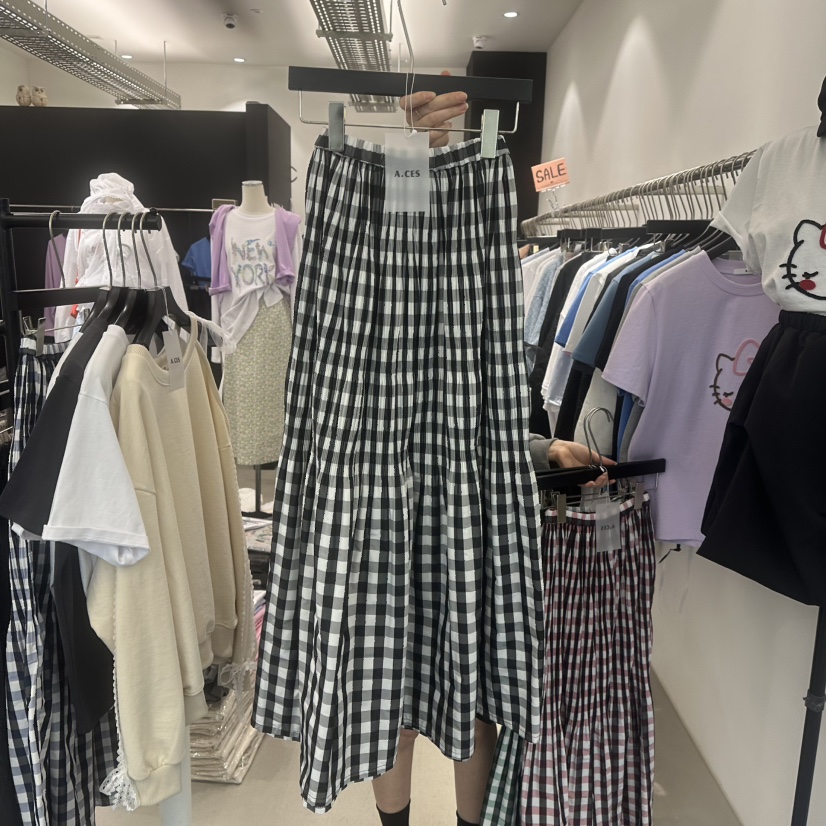 A.CES韓國直郵㊣東大門實拍女裝新品休閑時尚長裙格紋褶皺A.CES長裙