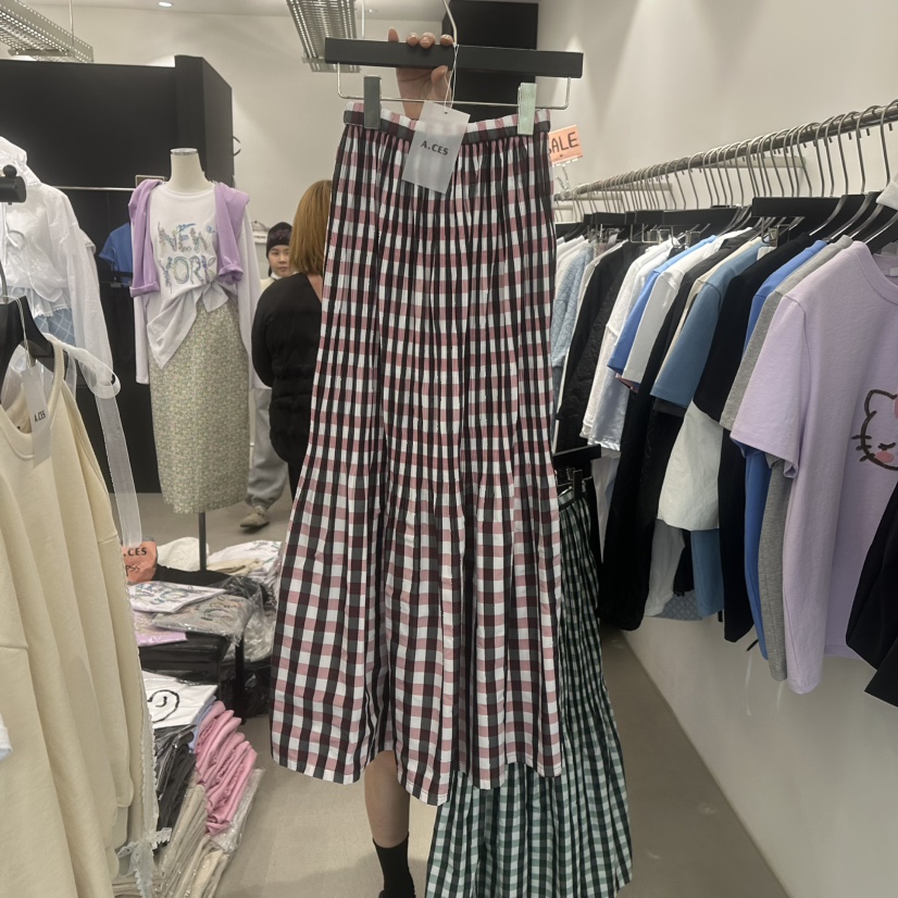 A.CES韓國直郵㊣東大門實拍女裝新品休閑時尚長裙格紋褶皺A.CES長裙圖色1