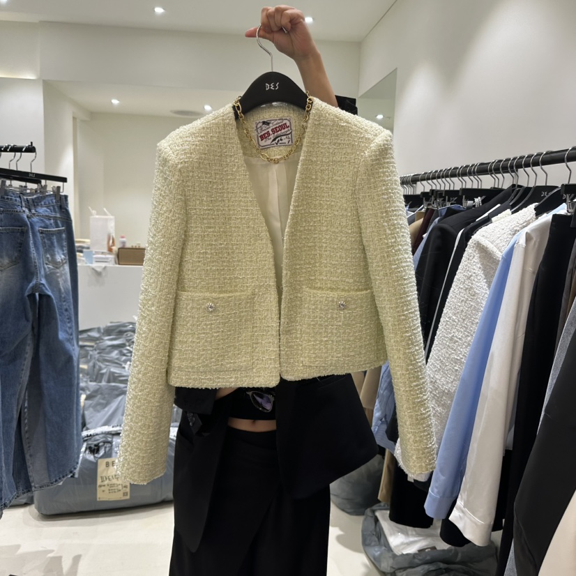 BES韓國直郵㊣東大門實拍女裝新品職業熱賣休閑夾克粗花呢雙層BES夾克圖色2