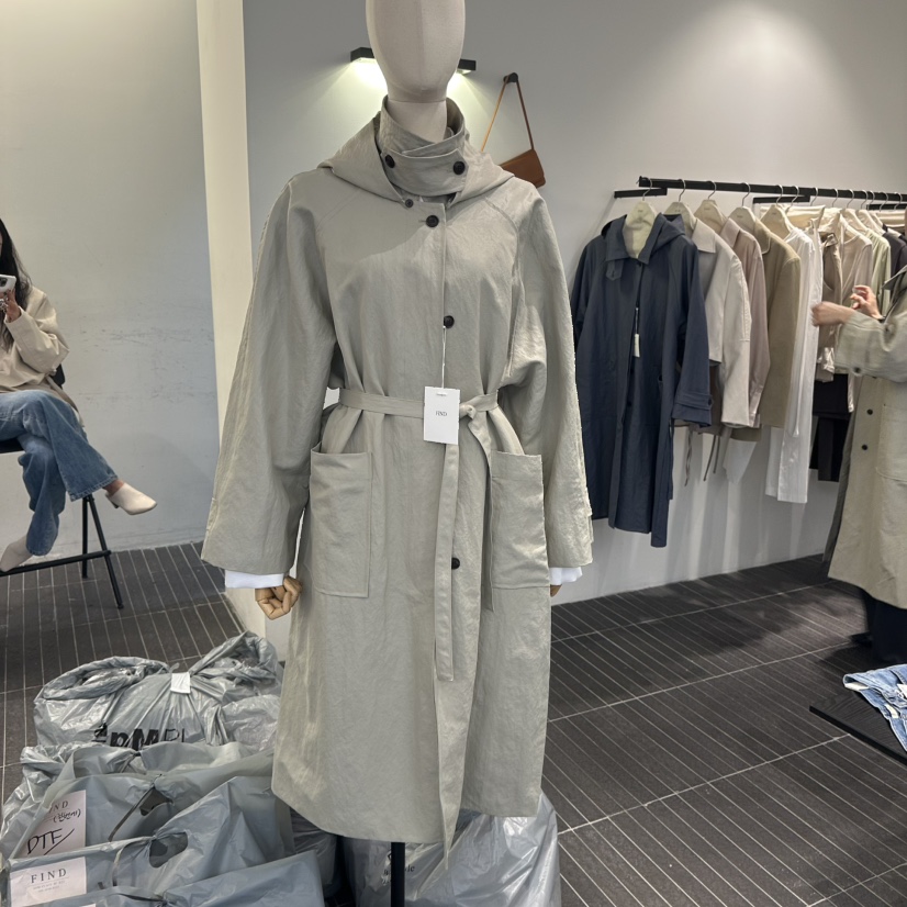 FIND-P直郵韓國代購㊣女裝新品職業25春夏長款風衣兜帽腰帶FIND-P長款風衣