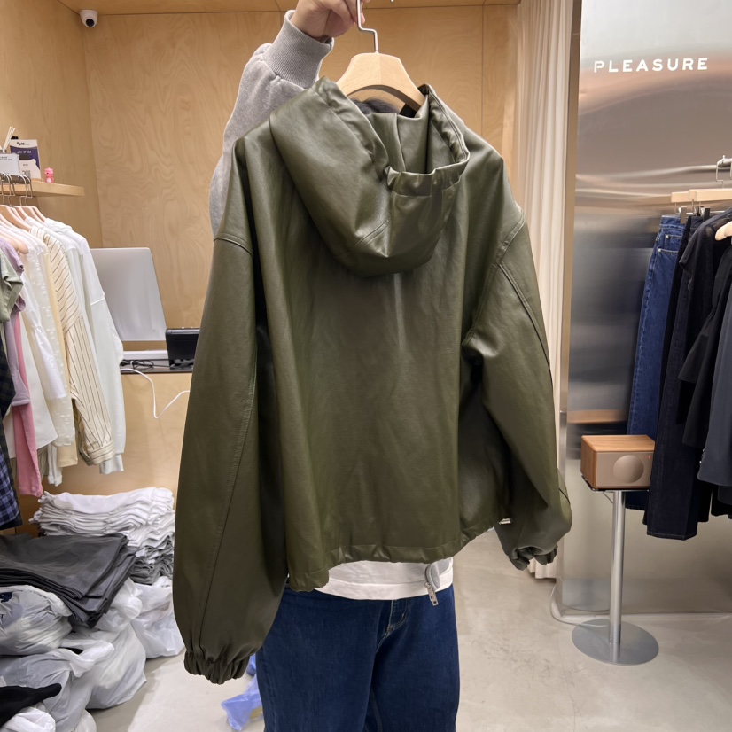 PLEASURE韓國㊣直郵東大門代購女裝新品時尚推薦熱賣皮衣連帽PLEASURE皮衣