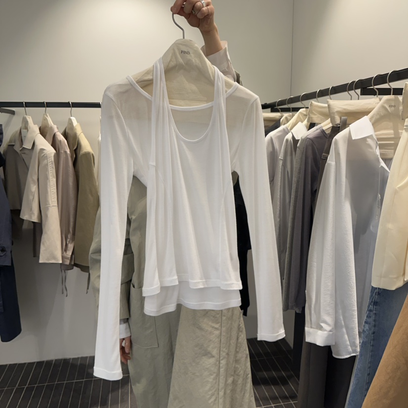 FIND-P直郵韓國代購㊣女裝新品熱賣25春夏休閑長袖T恤假兩件FIND-P長袖T恤