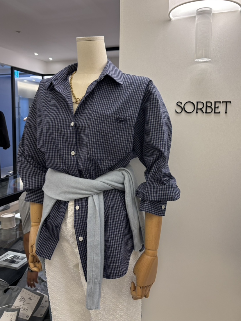 SORBET韓國㊣直郵東大門代購女裝新品熱賣時尚襯衫蕾絲衫格紋SORBET/flat white襯衫/蕾絲衫