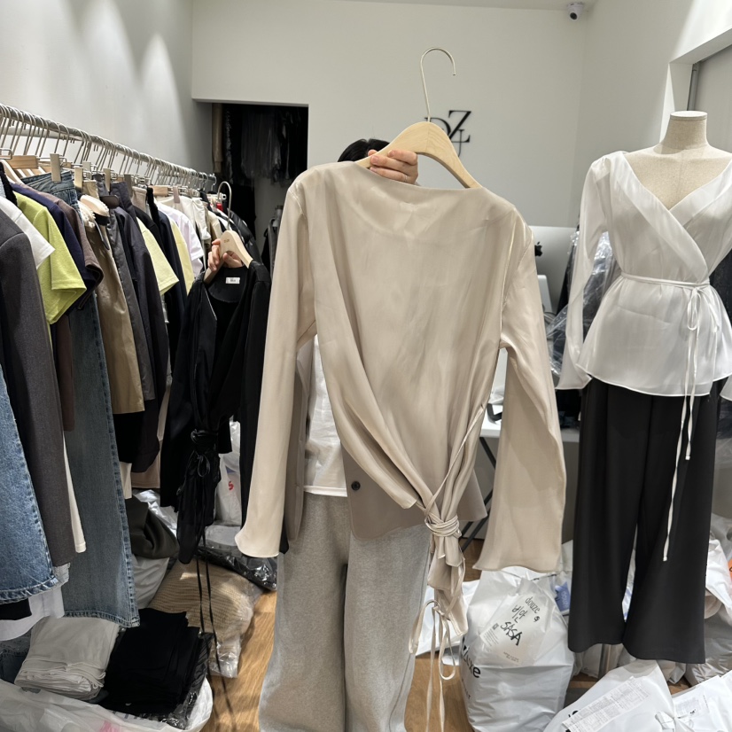 DOUZE直郵韓國代購㊣女裝新品25春夏休閑人氣襯衫蕾絲衫含腰繩DOUZE襯衫/蕾絲衫