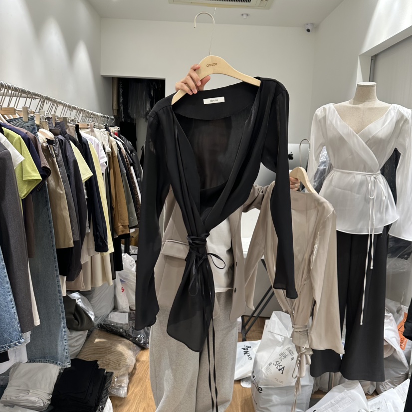 DOUZE直郵韓國代購㊣女裝新品25春夏休閑人氣襯衫蕾絲衫含腰繩DOUZE襯衫/蕾絲衫圖色3