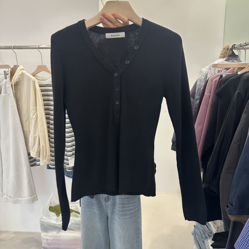 RIVER RAIN韓國直郵㊣東大門實拍女裝新品熱賣長袖T恤開衫羅紋RIVER RAIN長袖T恤