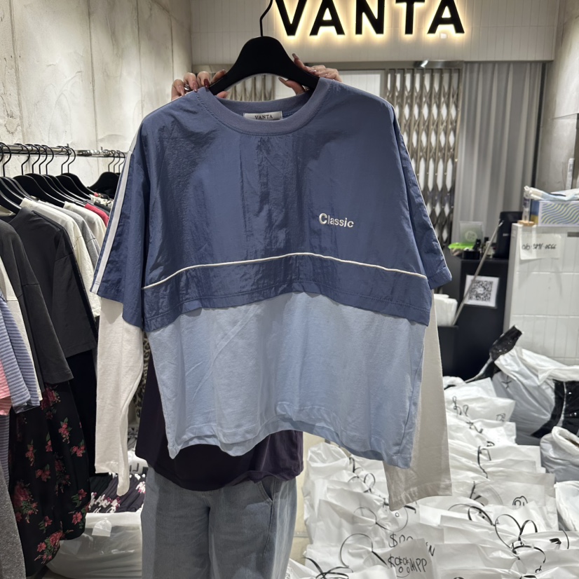 VANTA韓國直郵㊣女裝新品人氣休閑25春夏職業長袖T恤假兩件VANTA長袖T恤
