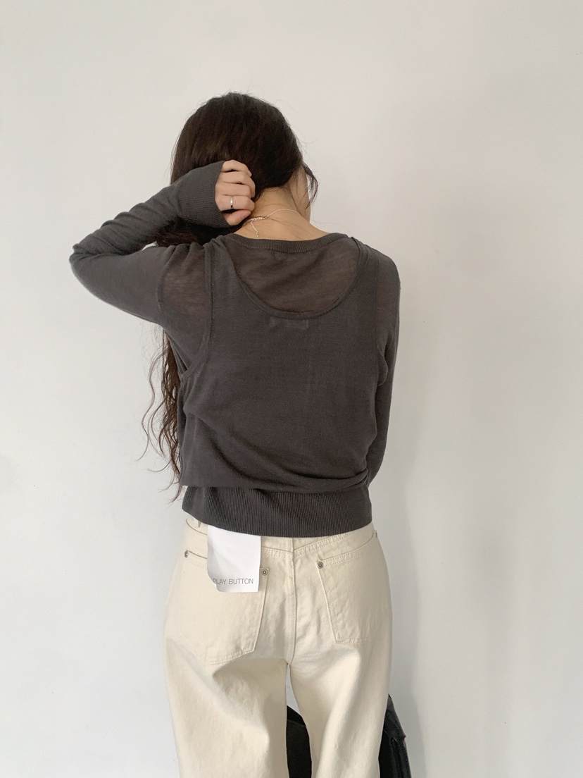 PLAYBUTTON-P直郵韓國代購㊣女裝新品人氣職業25春夏針織衫亞麻PLAYBUTTON針織衫