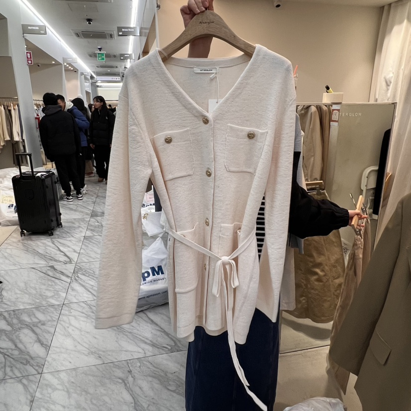 AFTERGLOW直郵韓國代購㊣女裝新品休閑職業針織衫含腰繩開衫AFTERGLOW針織衫