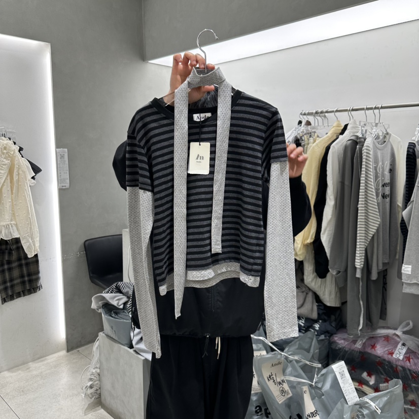 ANDE韓國㊣直郵東大門代購女裝新品時尚職業熱賣長袖T恤含脖帶ANDE長袖T恤圖色1