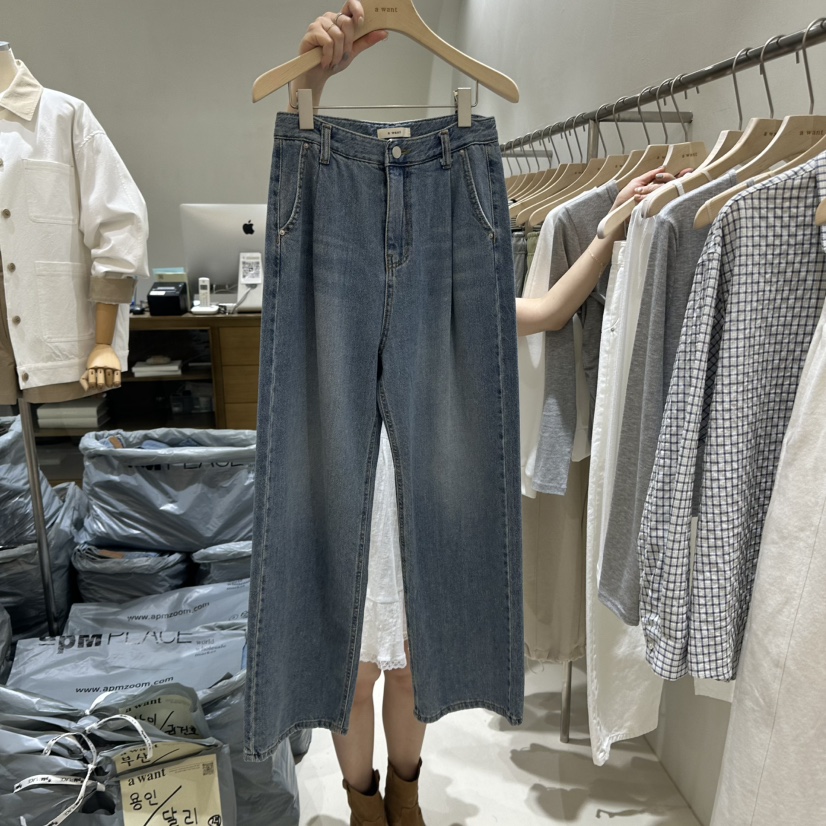 A WANT韓國直郵㊣女裝新品推薦25春夏休閑人氣時尚牛仔褲褶皺A WANT牛仔褲圖色1