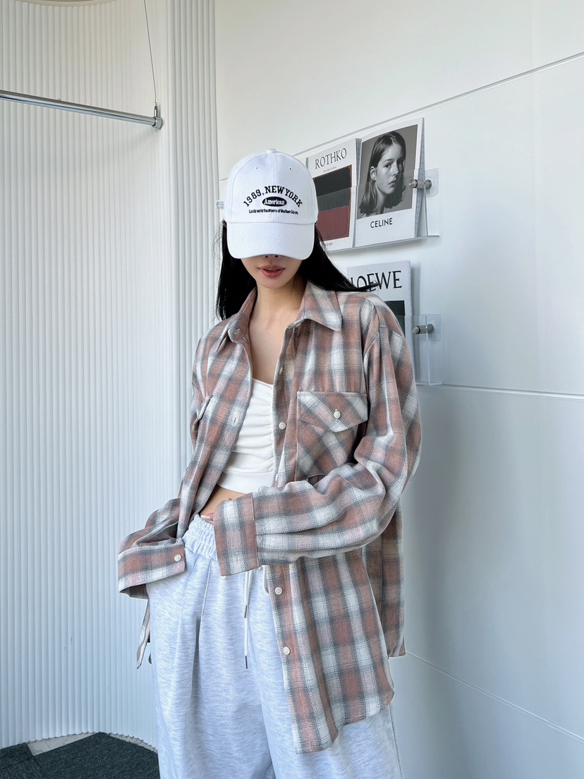CLOTH韓國㊣直郵東大門代購女裝新款人氣襯衫蕾絲衫格紋寬松CLOTH襯衫/蕾絲衫圖色2