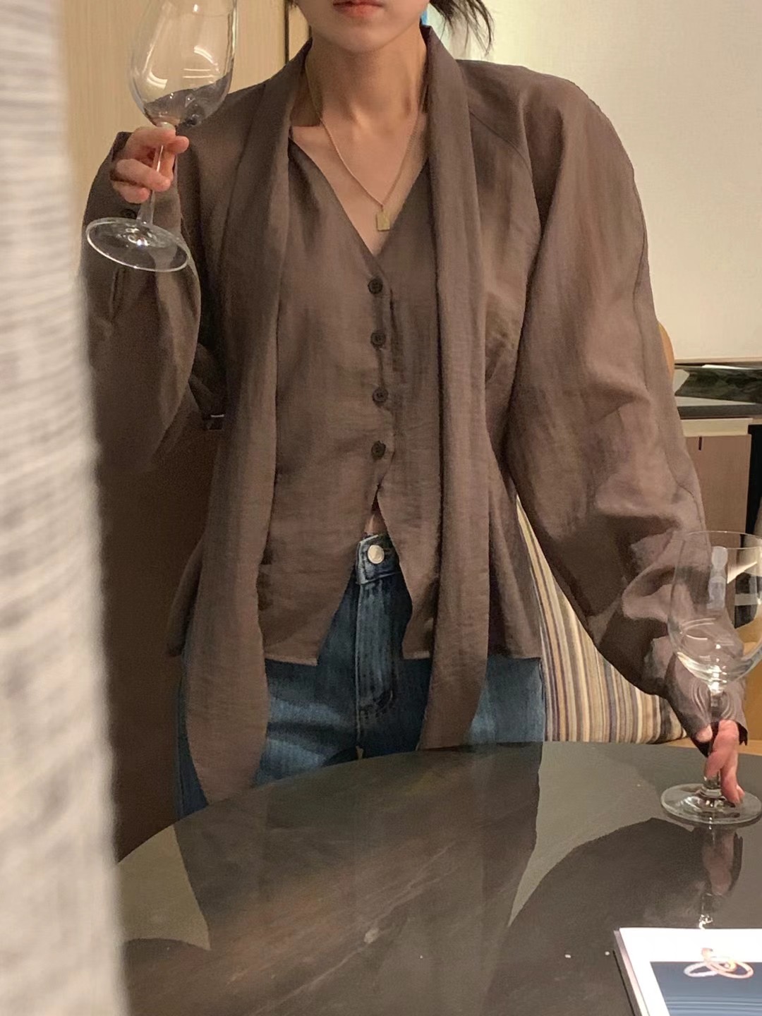 FORMAL韓國㊣直郵東大門代購女裝新品時尚襯衫蕾絲衫含脖帶FORMAL襯衫/蕾絲衫