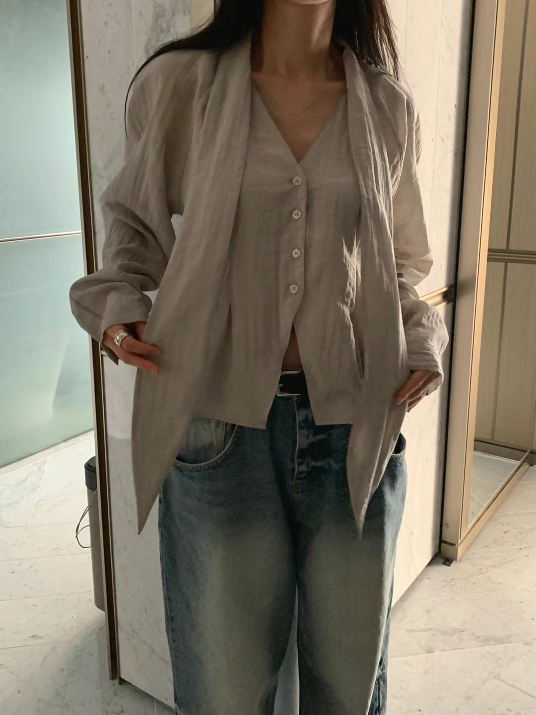 FORMAL韓國㊣直郵東大門代購女裝新品時尚襯衫蕾絲衫含脖帶FORMAL襯衫/蕾絲衫