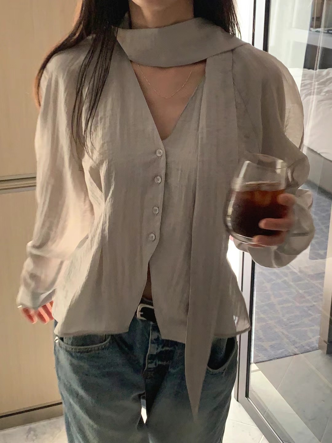 FORMAL韓國㊣直郵東大門代購女裝新品時尚襯衫蕾絲衫含脖帶FORMAL襯衫/蕾絲衫圖色2
