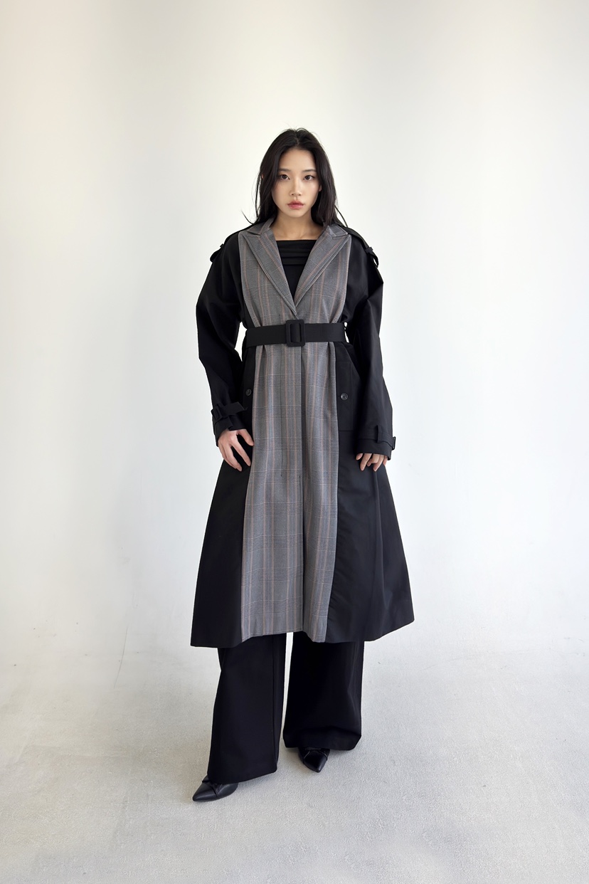 NOV7韓國直郵㊣東大門實拍女裝新品人氣長款風衣含腰帶格紋the ebony eyes/NOV7長款風衣