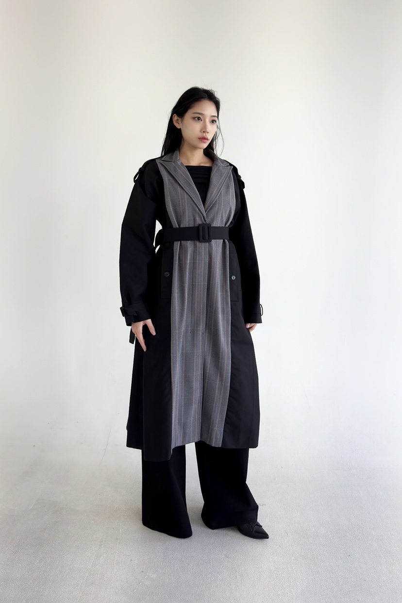 NOV7韓國直郵㊣東大門實拍女裝新品人氣長款風衣含腰帶格紋the ebony eyes/NOV7長款風衣