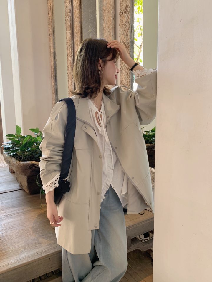 HER東大門實拍女裝新款時尚熱賣休閑職業25春夏長款風衣口袋HER長款風衣