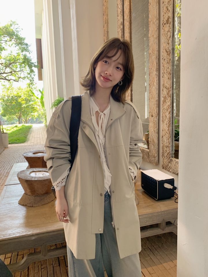 HER東大門實拍女裝新款時尚熱賣休閑職業25春夏長款風衣口袋HER長款風衣