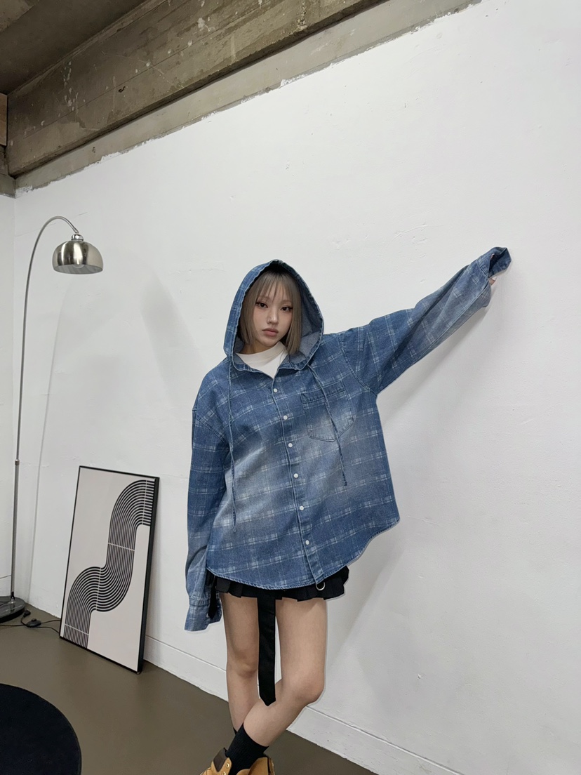 NUEUN韓國代購女士新品熱賣職業推薦25春夏襯衫蕾絲衫格紋連帽NUEUN/SEEOT襯衫/蕾絲衫