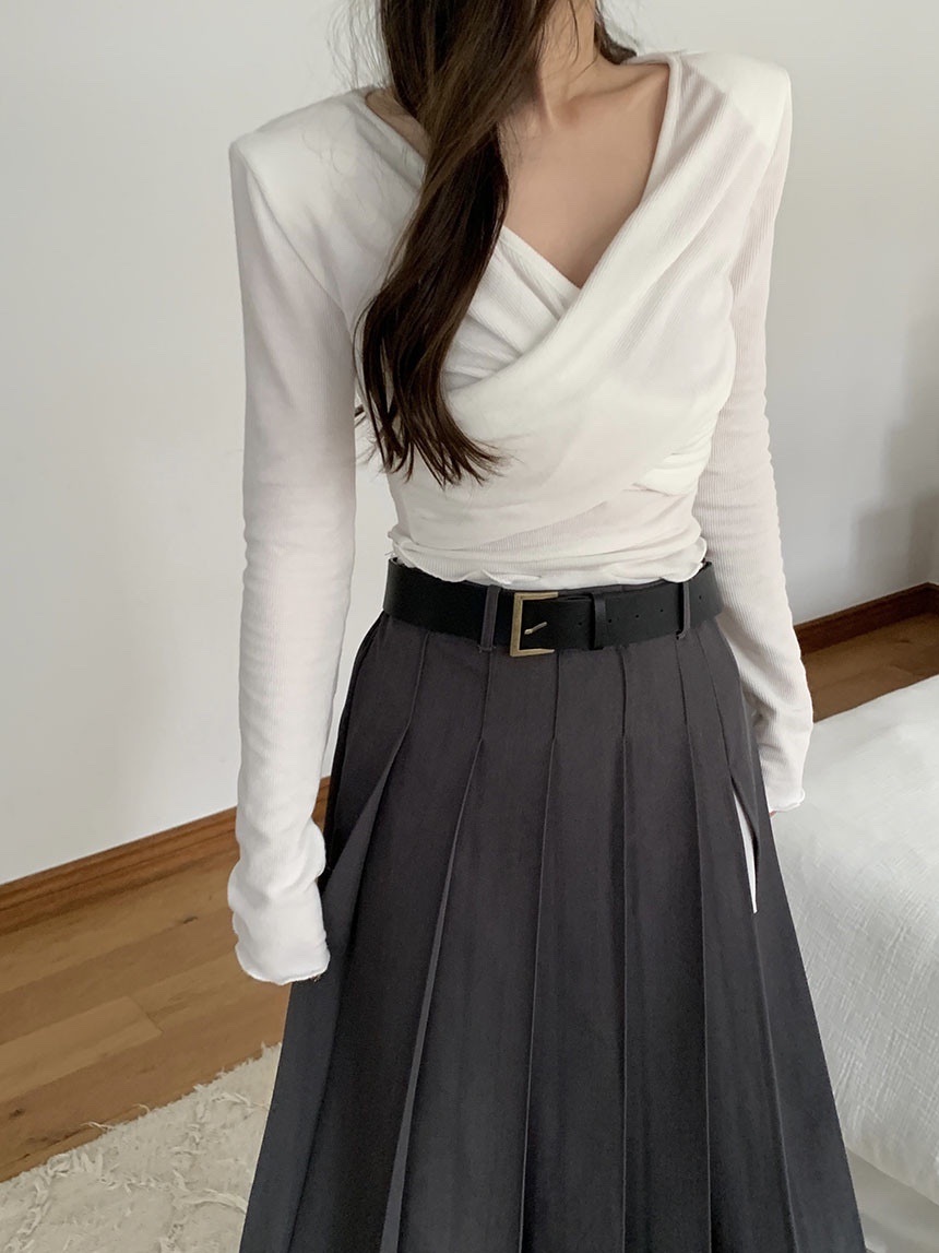 BLACK BABI東大門實拍女裝新款時尚休閑25春夏長袖T恤修身褶皺BLACK BABI長袖T恤