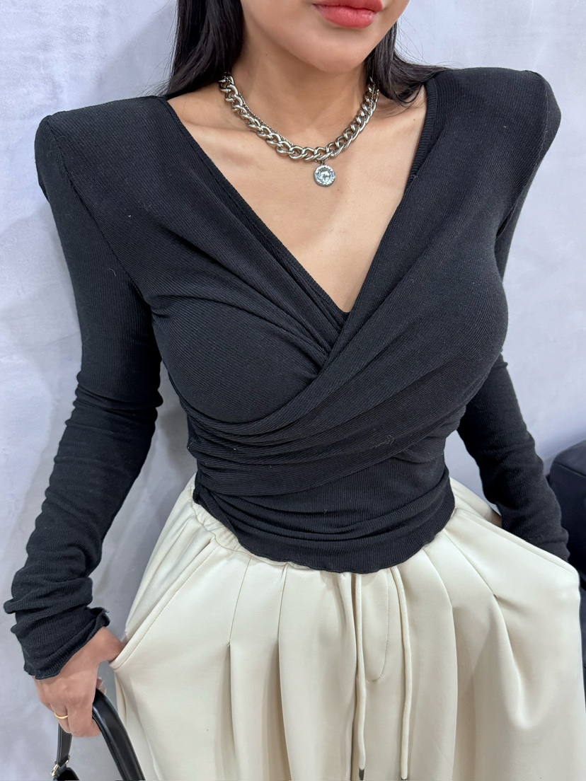 BLACK BABI東大門實拍女裝新款時尚休閑25春夏長袖T恤修身褶皺BLACK BABI長袖T恤