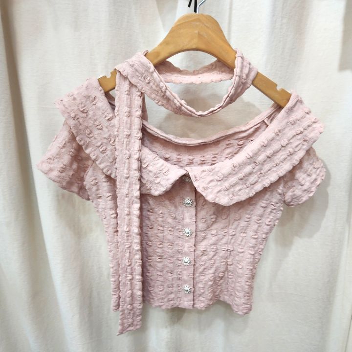 火Ⅱ-화투-T直郵韓國代購㊣女裝新品熱賣襯衫蕾絲衫含脖帶火Ⅱ襯衫/蕾絲衫圖色1