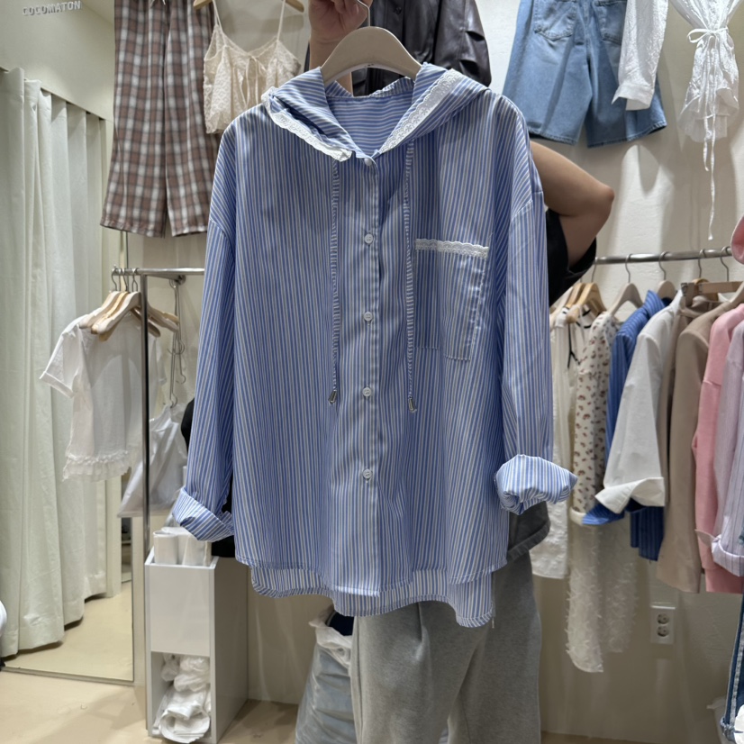 COCOMATON韓國直郵㊣東大門實拍女裝新品休閑襯衫蕾絲衫兜帽COCOMATON襯衫/蕾絲衫