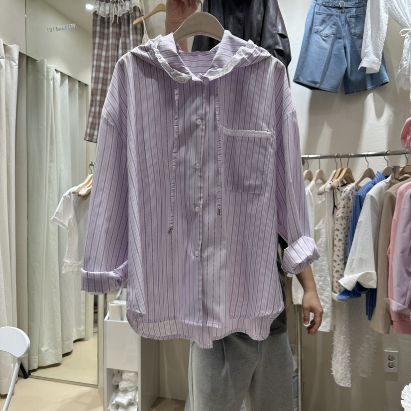 COCOMATON韓國直郵㊣東大門實拍女裝新品休閑襯衫蕾絲衫兜帽COCOMATON襯衫/蕾絲衫圖色2