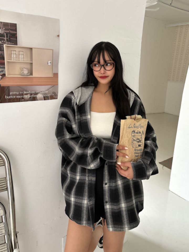 mars東大門實拍女士新品熱賣休閑推薦25春夏襯衫蕾絲衫格紋連帽mars襯衫/蕾絲衫