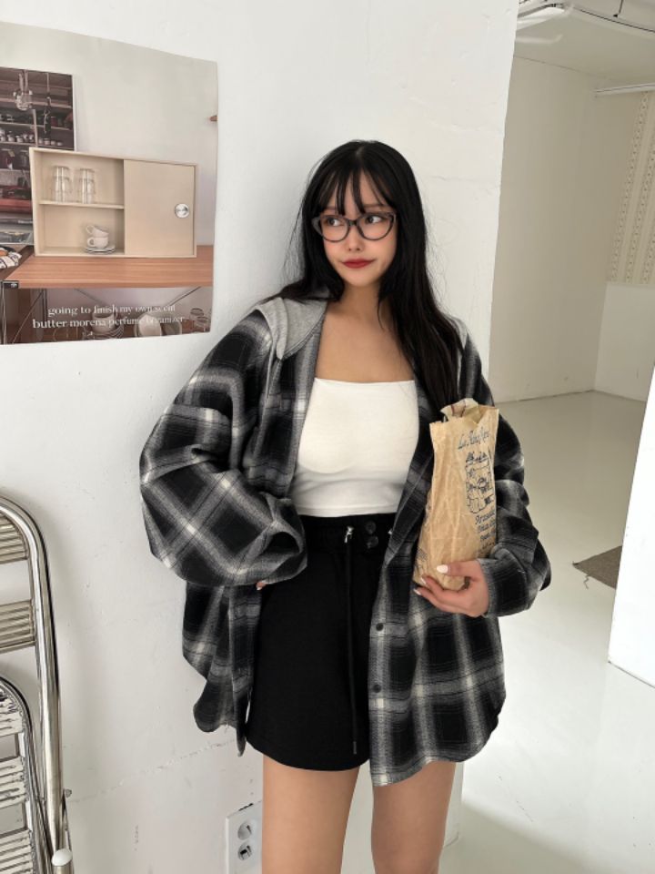 mars東大門實拍女士新品熱賣休閑推薦25春夏襯衫蕾絲衫格紋連帽mars襯衫/蕾絲衫