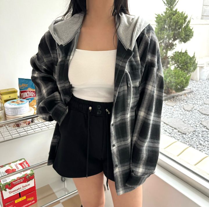 mars東大門實拍女士新品熱賣休閑推薦25春夏襯衫蕾絲衫格紋連帽mars襯衫/蕾絲衫