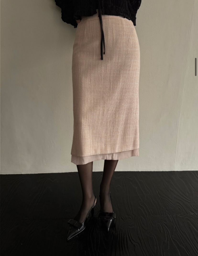 AWESOME-L直郵韓國代購㊣女裝新品25春夏半身裙中短裙粗花呢雙層AWESOME-L半身裙/中短裙
