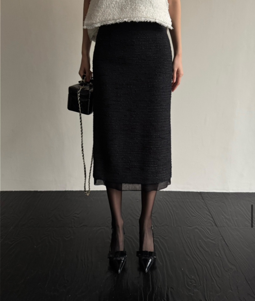 AWESOME-L直郵韓國代購㊣女裝新品25春夏半身裙中短裙粗花呢雙層AWESOME-L半身裙/中短裙