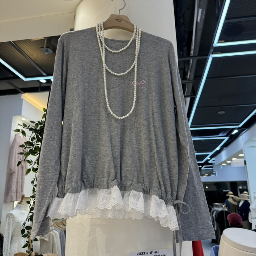 UNDERSTAR_VINTAGE韓國㊣直郵東大門代購女裝新品25春夏長袖T恤不含飾品刺繡蕾絲UNDERSTAR_VINTAGE長袖T恤圖色2