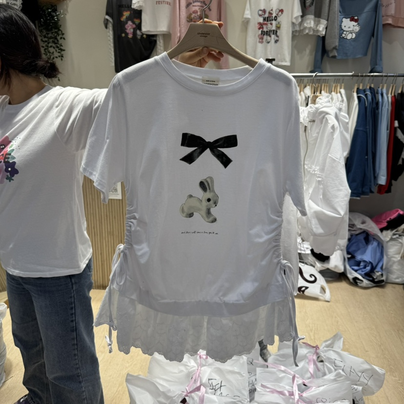 UNDERSTAR_VINTAGE韓國直郵㊣女裝新款熱賣推薦T恤蝴蝶結蕾絲UNDERSTAR_VINTAGET恤圖色1