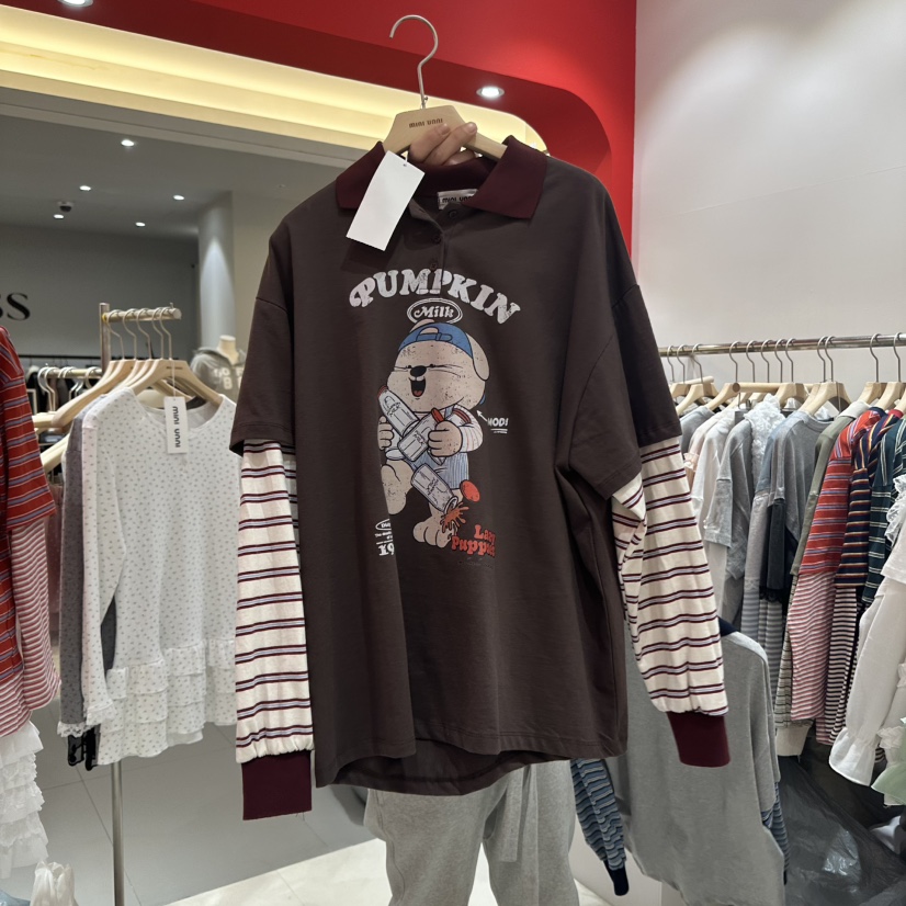 MINI UNNI直郵韓國代購㊣女裝新品時尚25春夏長袖T恤假兩件MINI UNNI長袖T恤圖色2