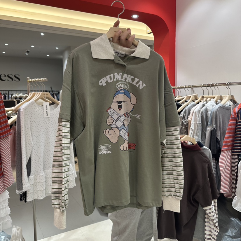 MINI UNNI直郵韓國代購㊣女裝新品時尚25春夏長袖T恤假兩件MINI UNNI長袖T恤圖色3