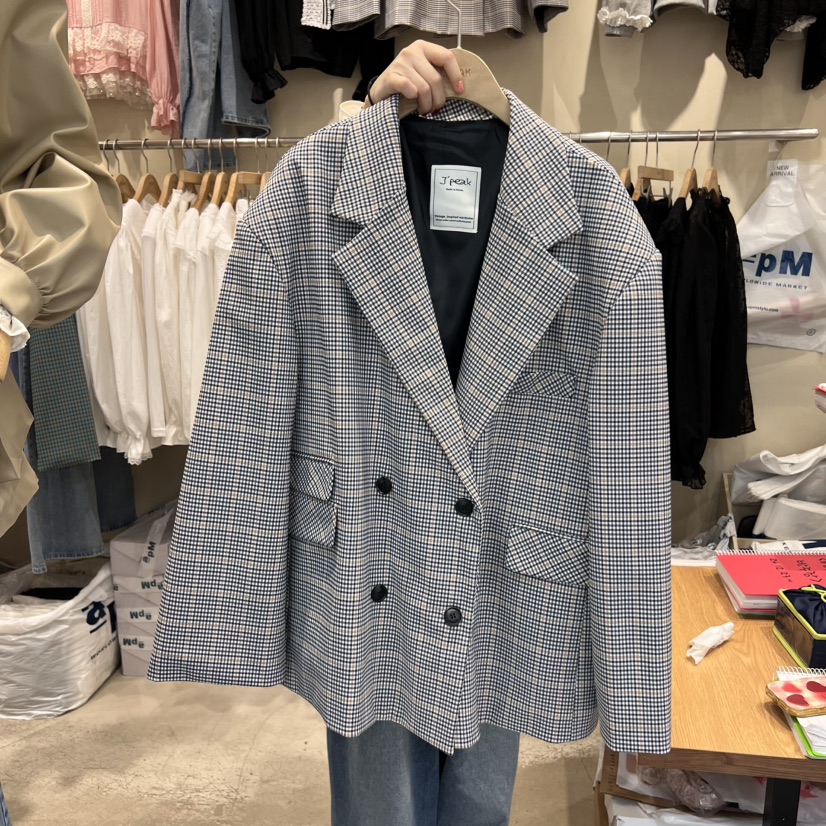 J PEAK/BY FLOW直郵韓國代購㊣女裝新品人氣夾克復古格紋J PEAK夾克圖色2