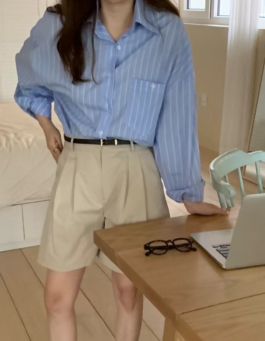 LOVEUS直郵韓國代購㊣女裝新款人氣時尚休閑襯衫蕾絲衫條紋LOVEUS襯衫/蕾絲衫圖色3