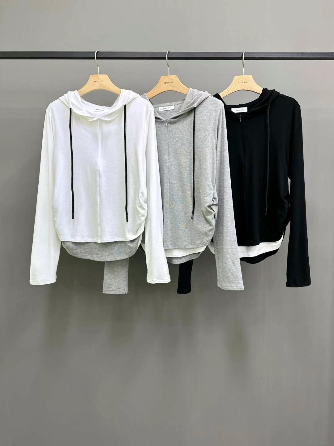 ANDANTE直郵韓國代購㊣女裝新品時尚職業長袖T恤假兩件連帽ANDANTE長袖T恤圖色2左二色