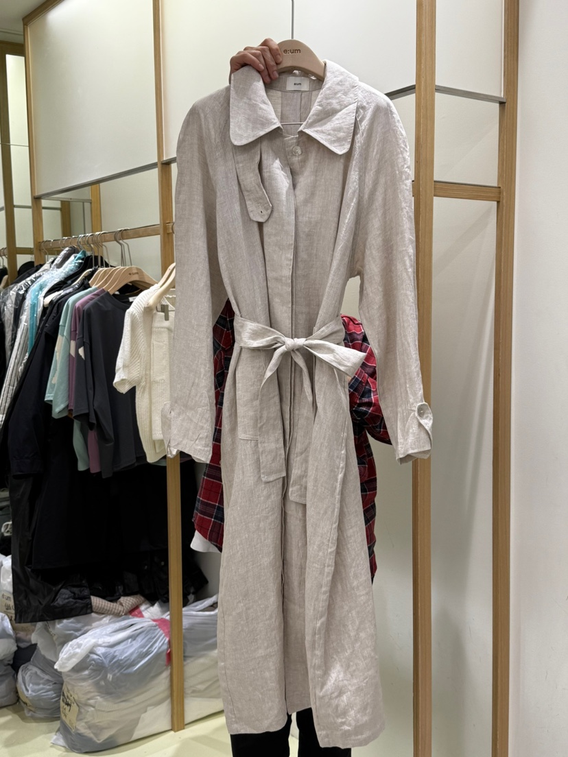 EUM韓國直郵㊣女裝新款推薦人氣休閑職業長款風衣含腰帶亞麻EUM長款風衣