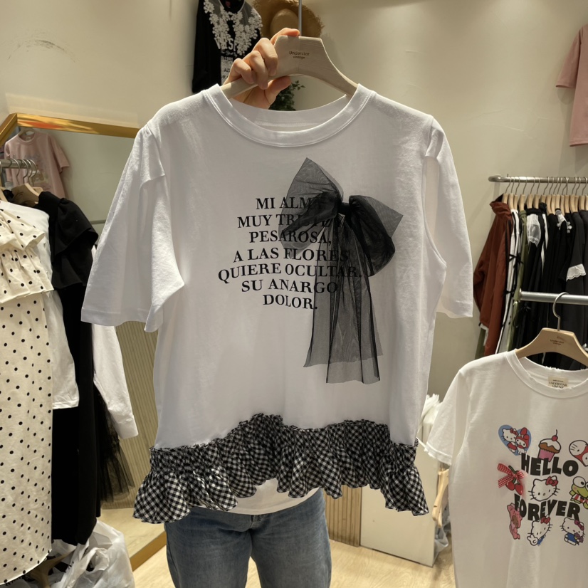 UNDERSTAR_VINTAGE東大門代購女士新款推薦休閑T恤荷葉邊格紋UNDERSTAR_VINTAGET恤圖色1