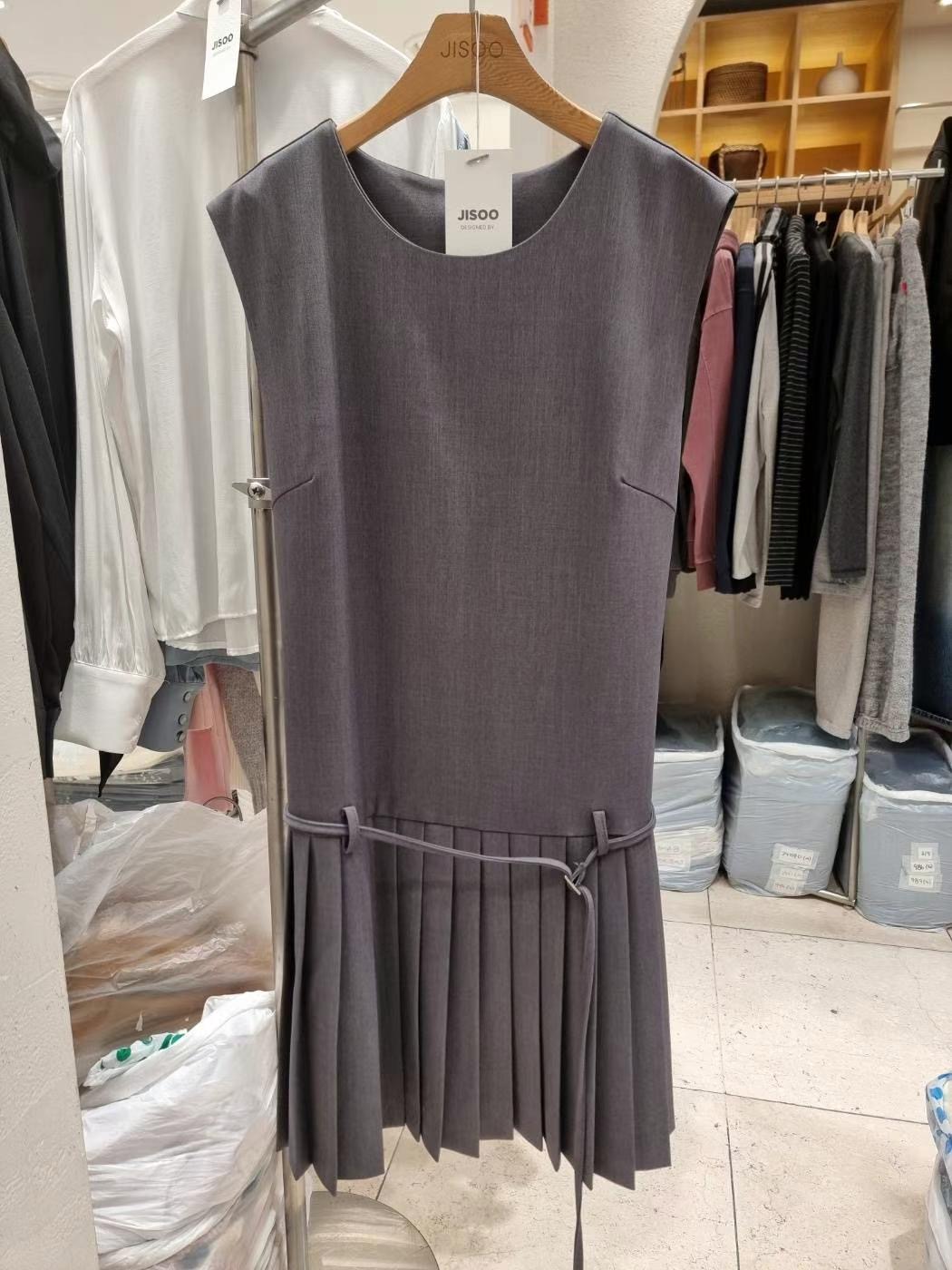 JISOO東大門代購女裝新品休閑職業熱賣連衣裙含腰繩腰帶褶皺JISOO連衣裙