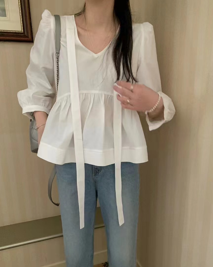 PYT-ot韓國直郵㊣東大門實拍女裝新品休閑襯衫蕾絲衫含脖帶pretty young thing襯衫/蕾絲衫