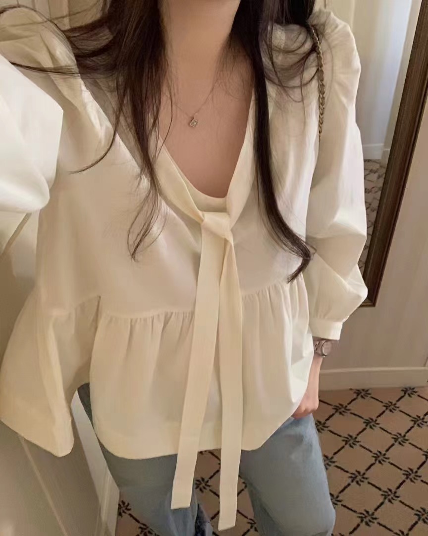 PYT-ot韓國直郵㊣東大門實拍女裝新品休閑襯衫蕾絲衫含脖帶pretty young thing襯衫/蕾絲衫